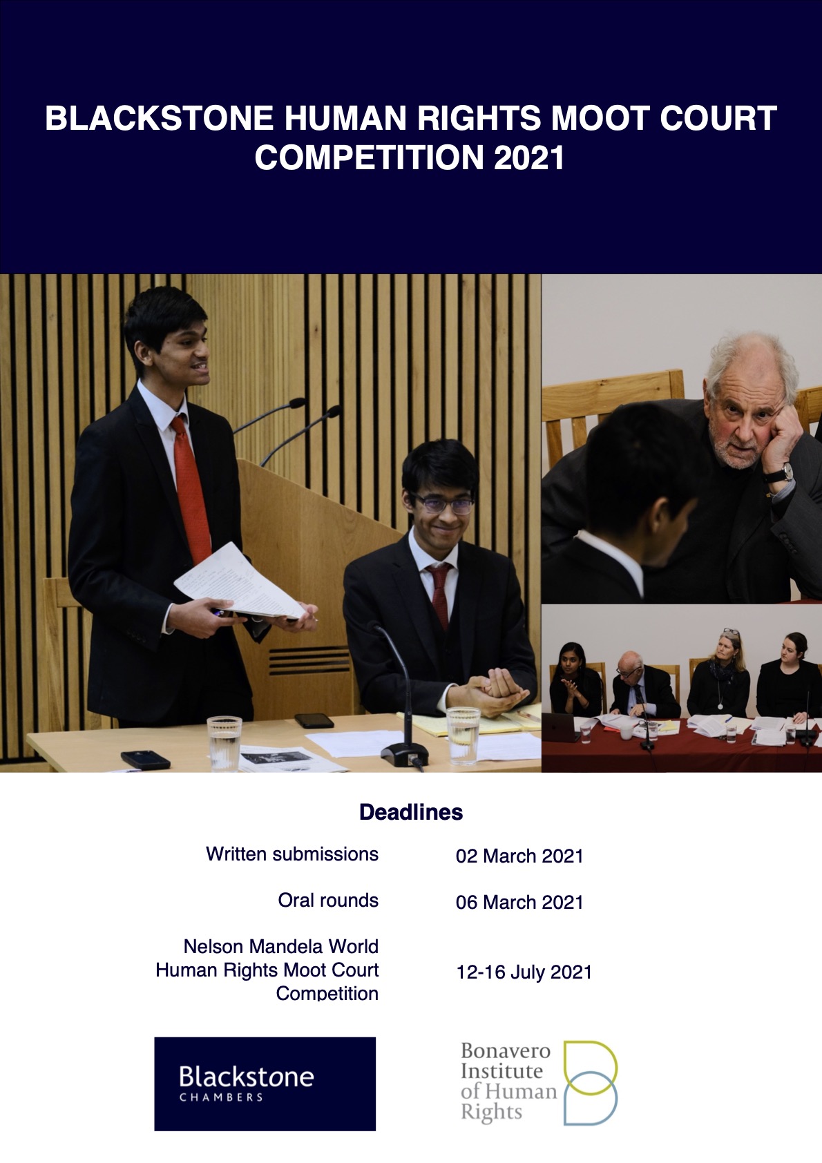 A poster with the photos of the winners and judges of the Blackstone Moot 2020. Below this is the schedule for the 2021 edition of the moot: written memorials are due on 2 March and oral rounds will take place on 6 March.