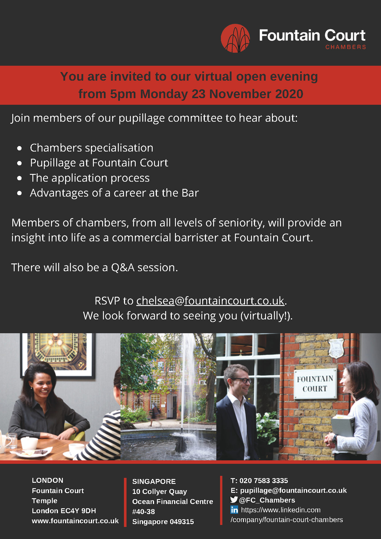 Poster for Pupillage Open Evening 2020 hosted by Fountain Court Chambers