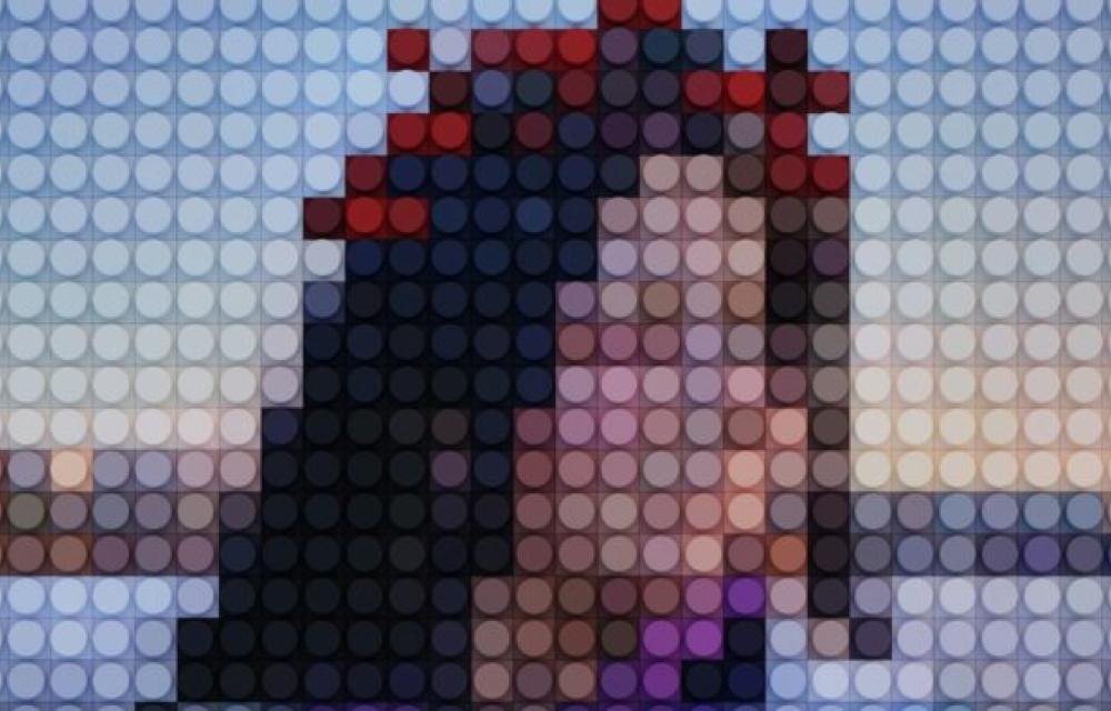 The image consists of a pixelated, abstract representation of a person with dark hair and a red accessory against a blurred background that appears to be a sunset or a horizon view. The entire image is overlaid with a grid of circular dots.