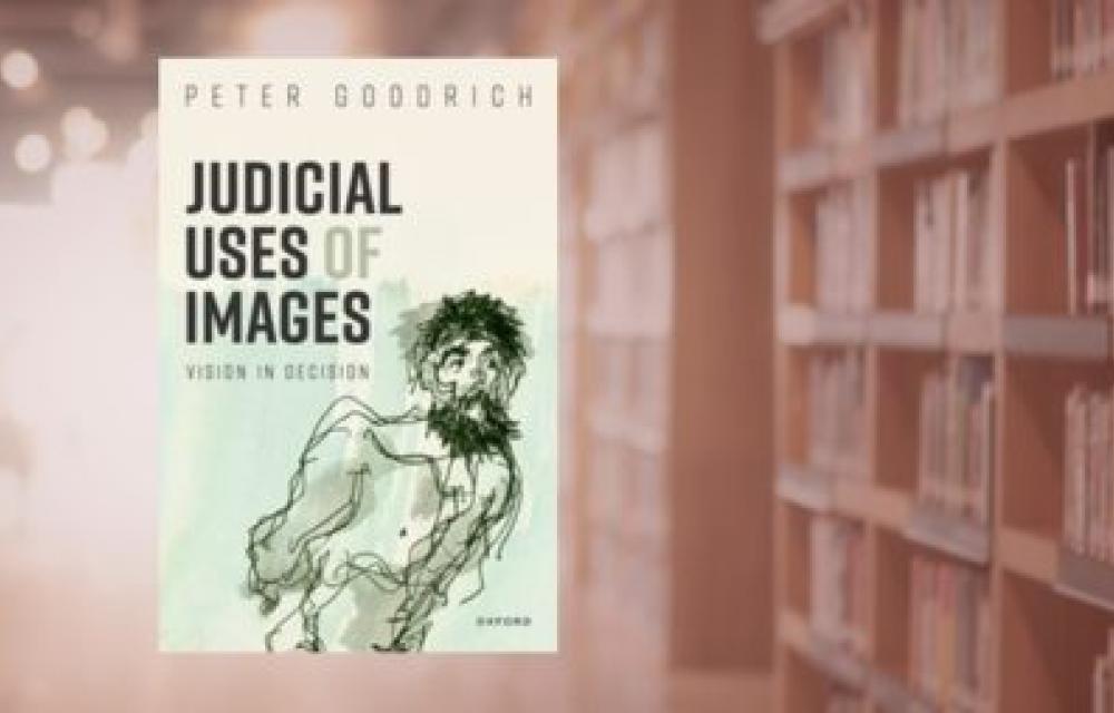 The image is a book cover for "Judicial Uses of Images: Vision in Decision" by Peter Goodrich. The cover features a sketch of a bearded man in a contemplative pose against a light background, with the title and author's name displayed prominently at the top. The background includes a blurred library setting with bookshelves on the right side.