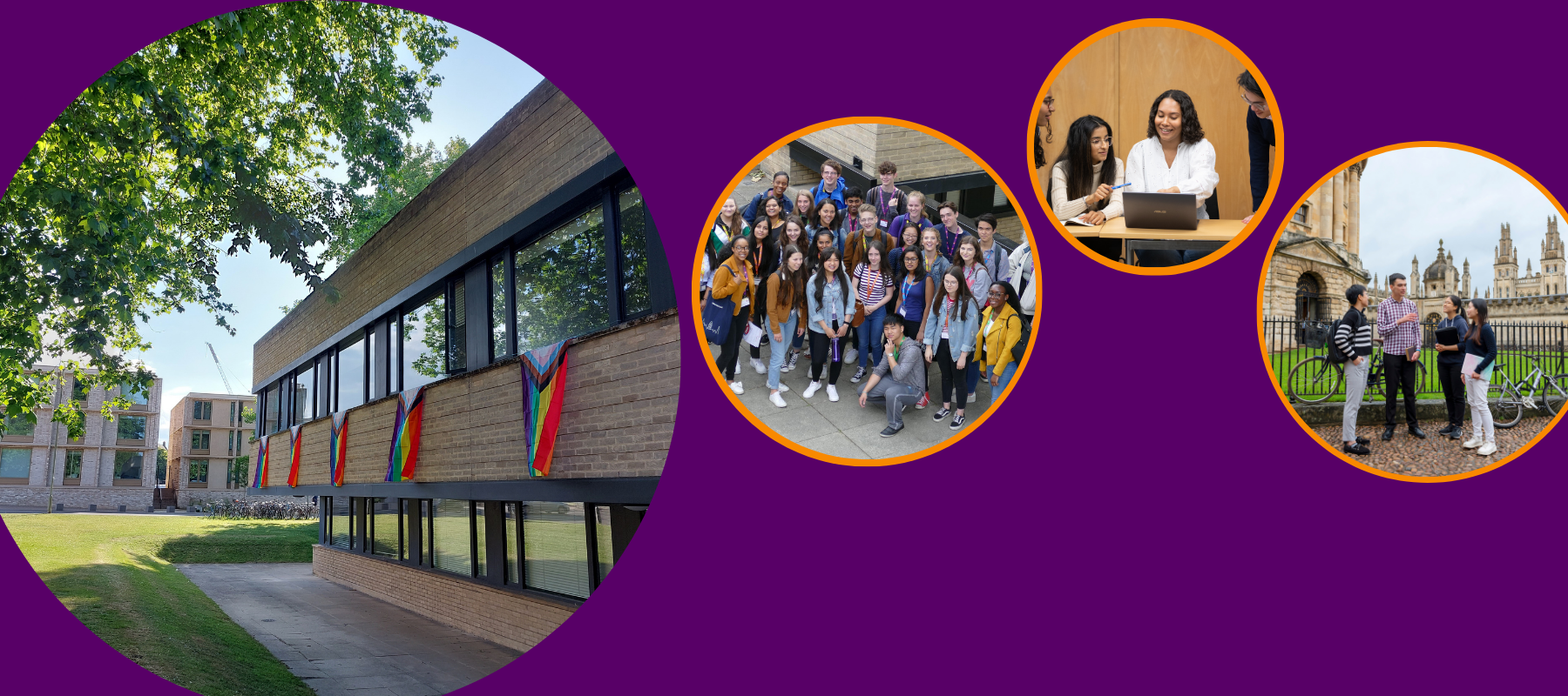 4 images in circles on an orange background. Images are of students studying, talking and walking.