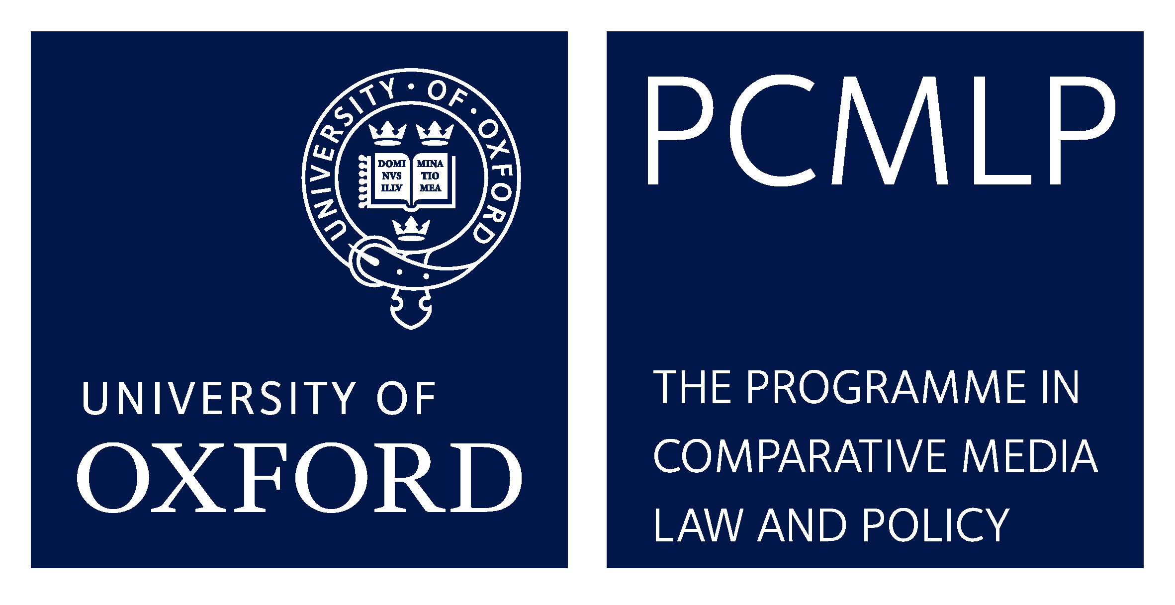PCMLP logo - Oxford blue background with words 'PCMLP - The programme in comparative media law and policy' on it, next to Uni of Oxford logo